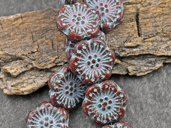18mm Turquoise Washed Dark Red Wildflower Beads