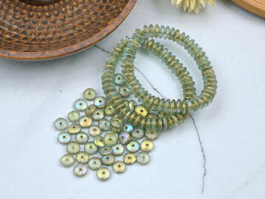 *50* 6x2mm Etched Gold Washed Pale Aqua AB Smooth Rondelle Beads