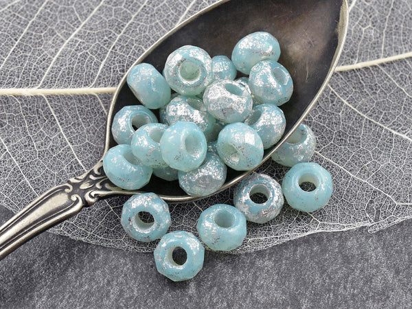 *25* 6x9mm Silver Mercury Washed Blue Opal Faceted Large Hole Rondelle Roller Beads