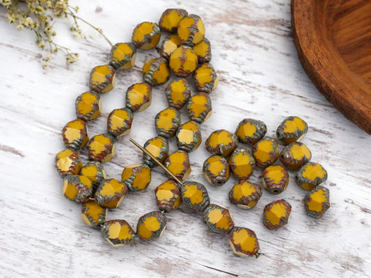 *15* 10x8mm Brown Washed Opaque Goldenrod Picasso Faceted Bicone Beads