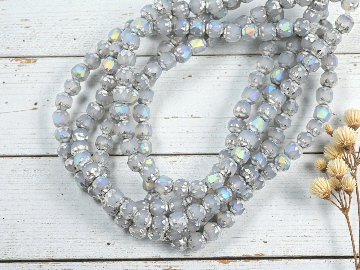 *40* 4mm Silver AB Washed Crystal Opaline Fire Polished Cathedral Beads