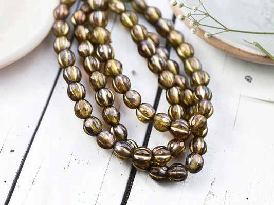 *25* 6mm Gold Washed Green Olive Luster Faceted Round Melon Beads