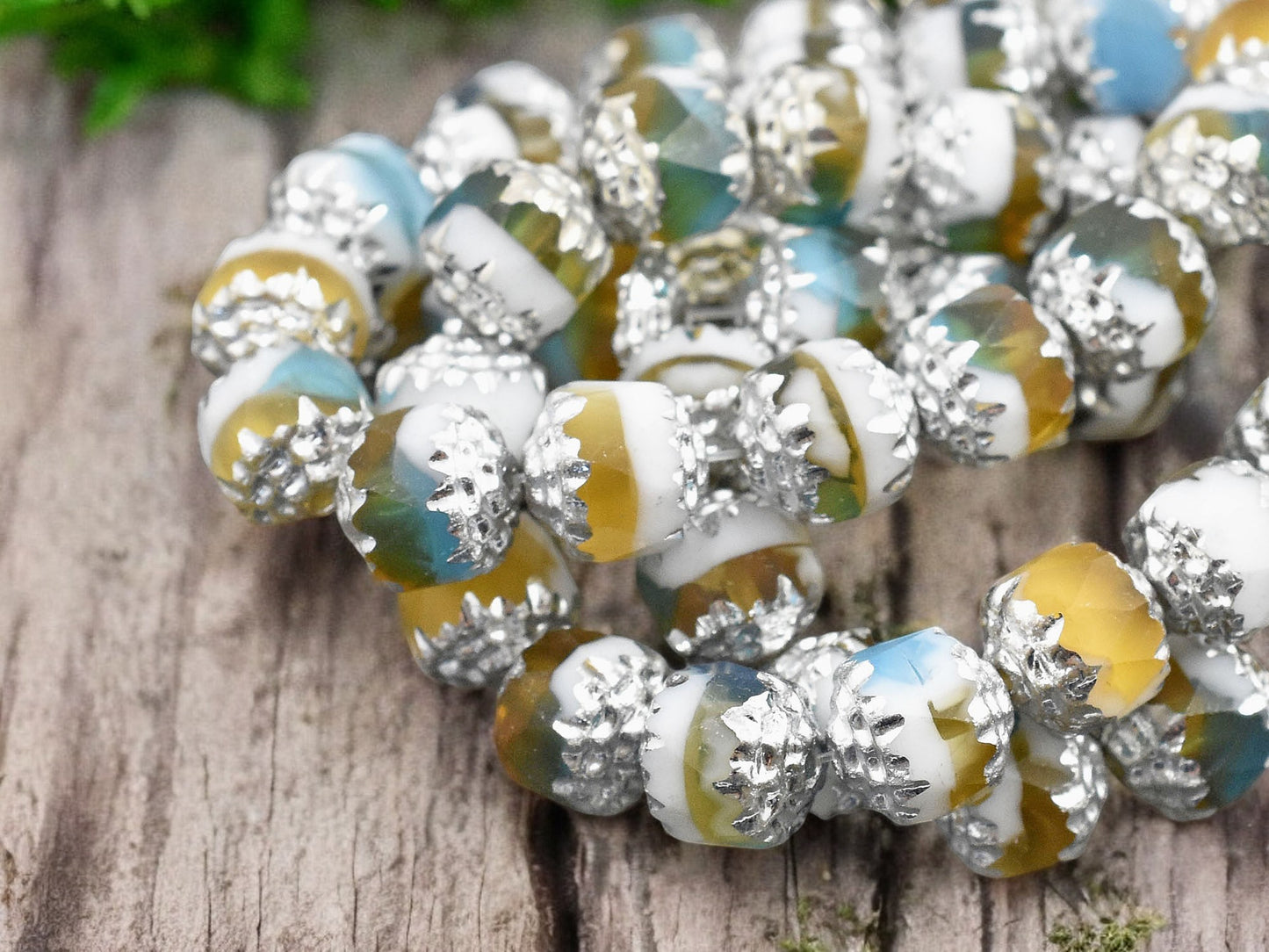*15* 8mm Silver Washed Blended White Topaz & Aqua Fire Polished Cathedral Beads
