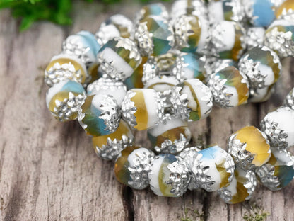 *15* 8mm Silver Washed Blended White Topaz & Aqua Fire Polished Cathedral Beads