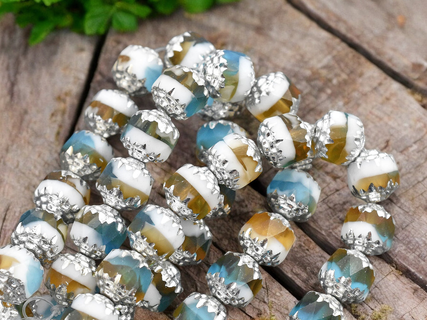 *15* 8mm Silver Washed Blended White Topaz & Aqua Fire Polished Cathedral Beads