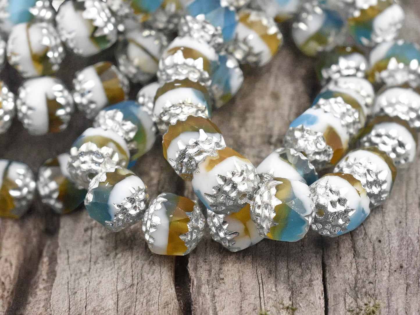 *15* 8mm Silver Washed Blended White Topaz & Aqua Fire Polished Cathedral Beads