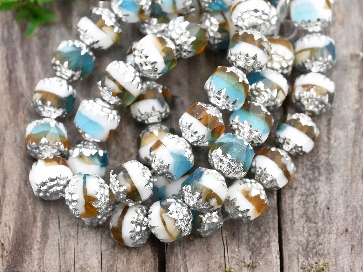 *15* 8mm Silver Washed Blended White Topaz & Aqua Fire Polished Cathedral Beads
