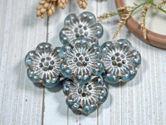 *12* 14mm Silver Platinum Washed Matte Aqua Blue Wildflower Beads