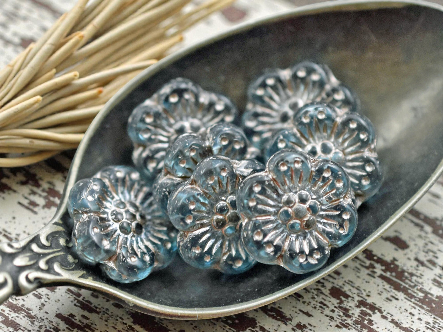 *12* 14mm Silver Platinum Washed Matte Aqua Blue Wildflower Beads