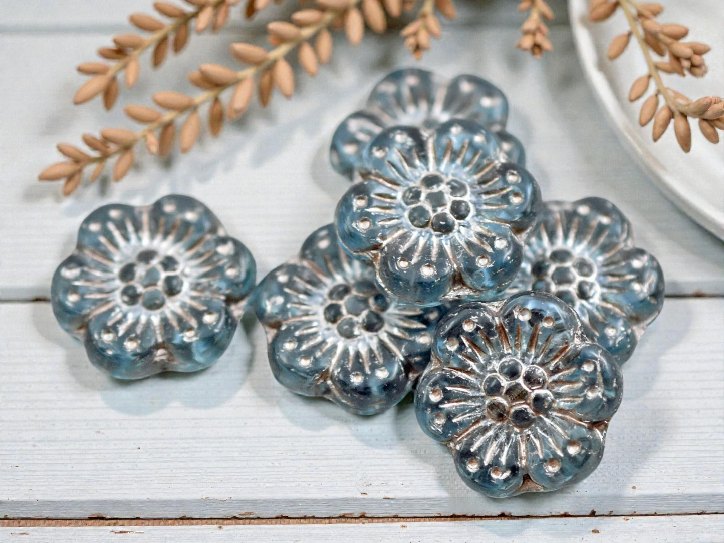 *12* 14mm Silver Platinum Washed Matte Aqua Blue Wildflower Beads