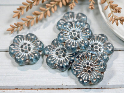 *12* 14mm Silver Platinum Washed Matte Aqua Blue Wildflower Beads