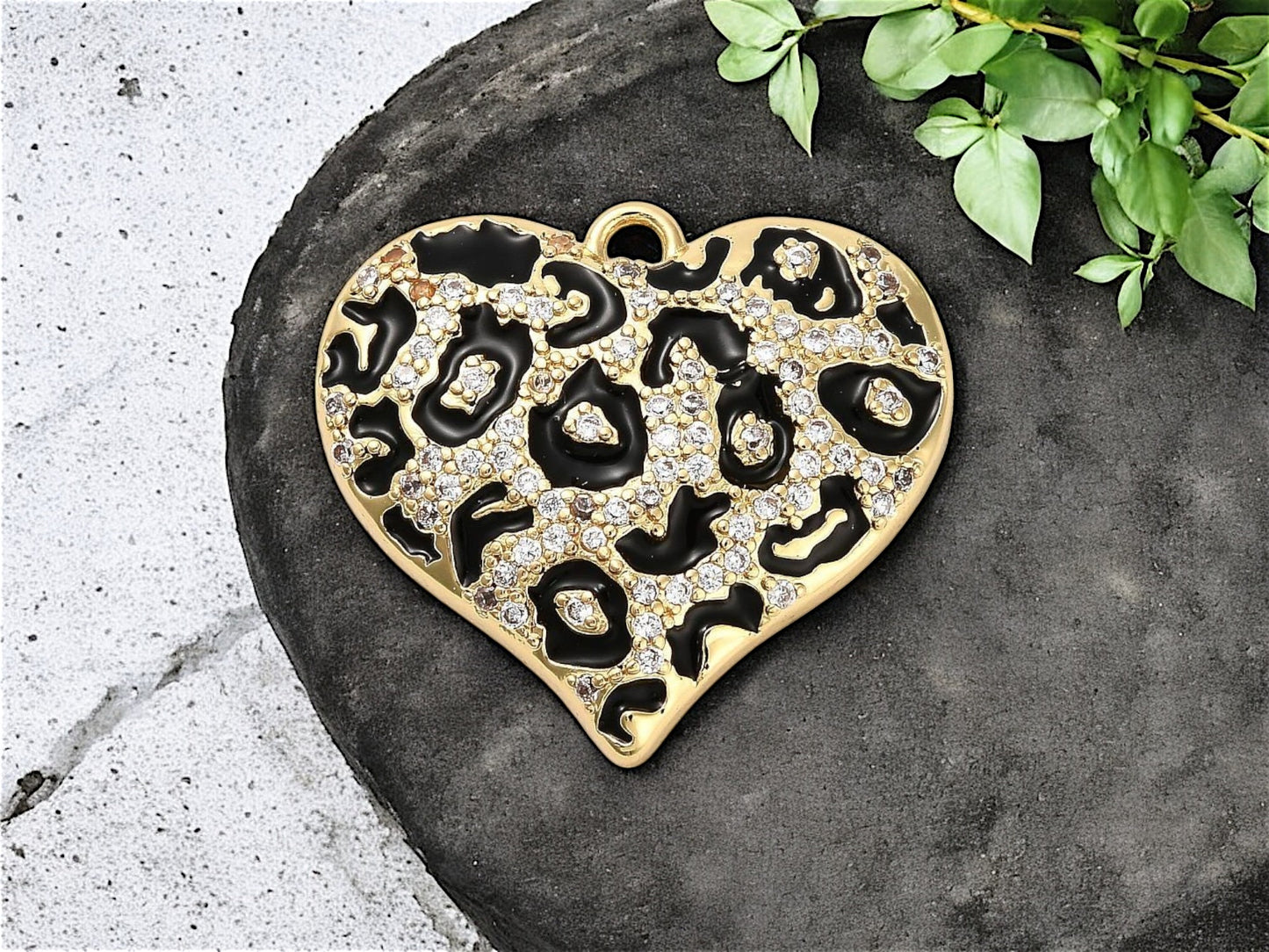 22x25mm Plated Brass Micro Pave CZ Leopard Heart Charms - Gold or Platinum