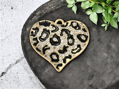 22x25mm Plated Brass Micro Pave CZ Leopard Heart Charms - Gold or Platinum