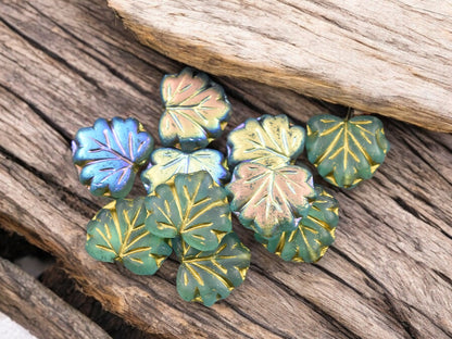 *20* 13x11mm Gold Washed Matte Aqua AB Maple Leaf Beads