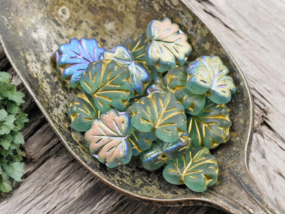 *20* 13x11mm Gold Washed Matte Aqua AB Maple Leaf Beads