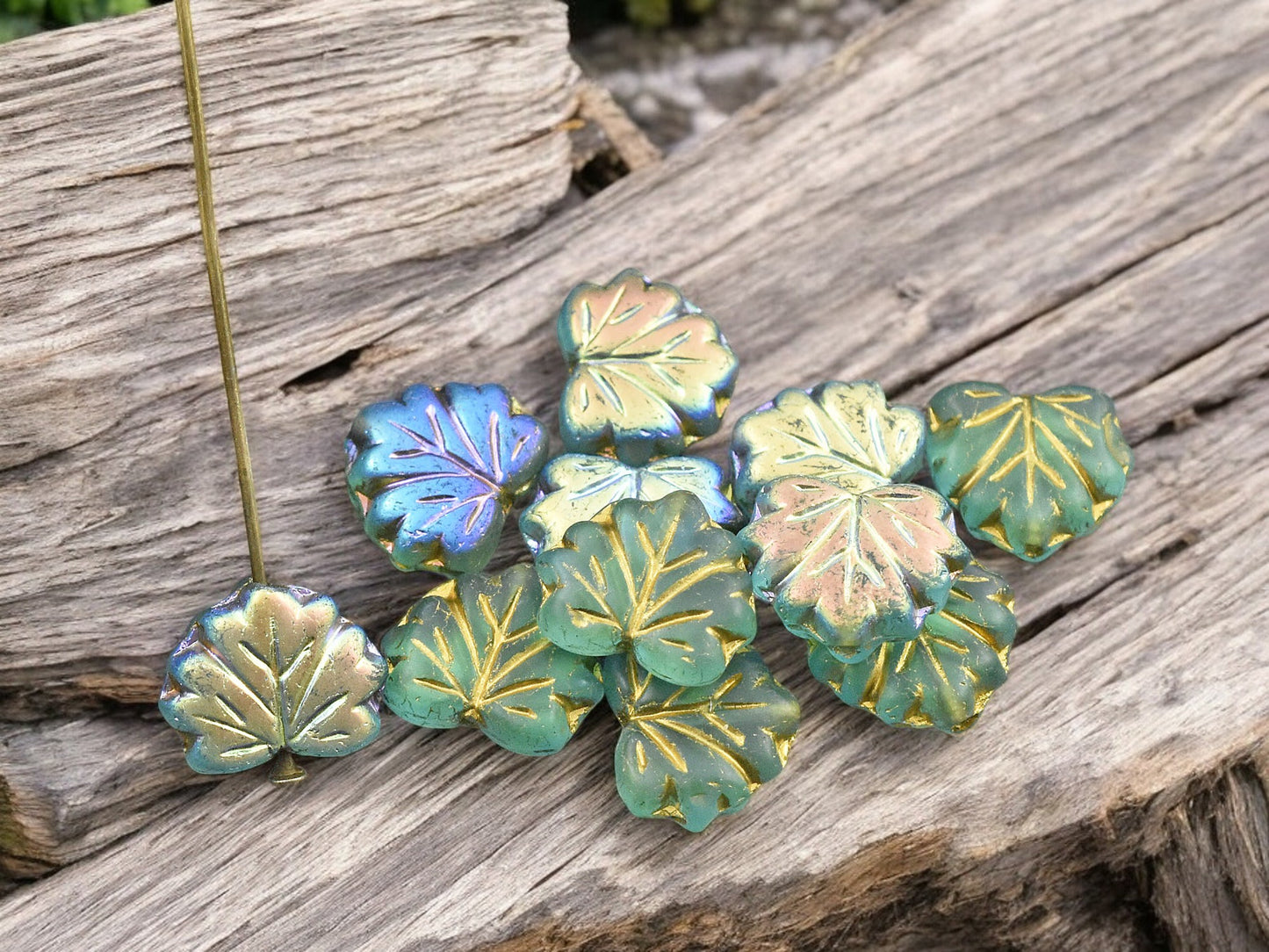 *20* 13x11mm Gold Washed Matte Aqua AB Maple Leaf Beads