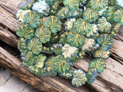 *20* 13x11mm Gold Washed Matte Aqua AB Maple Leaf Beads