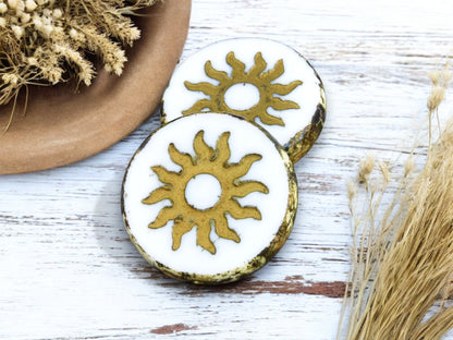 *2* 21mm Bronze Washed White Picasso Table Cut Sun Design Coin Beads