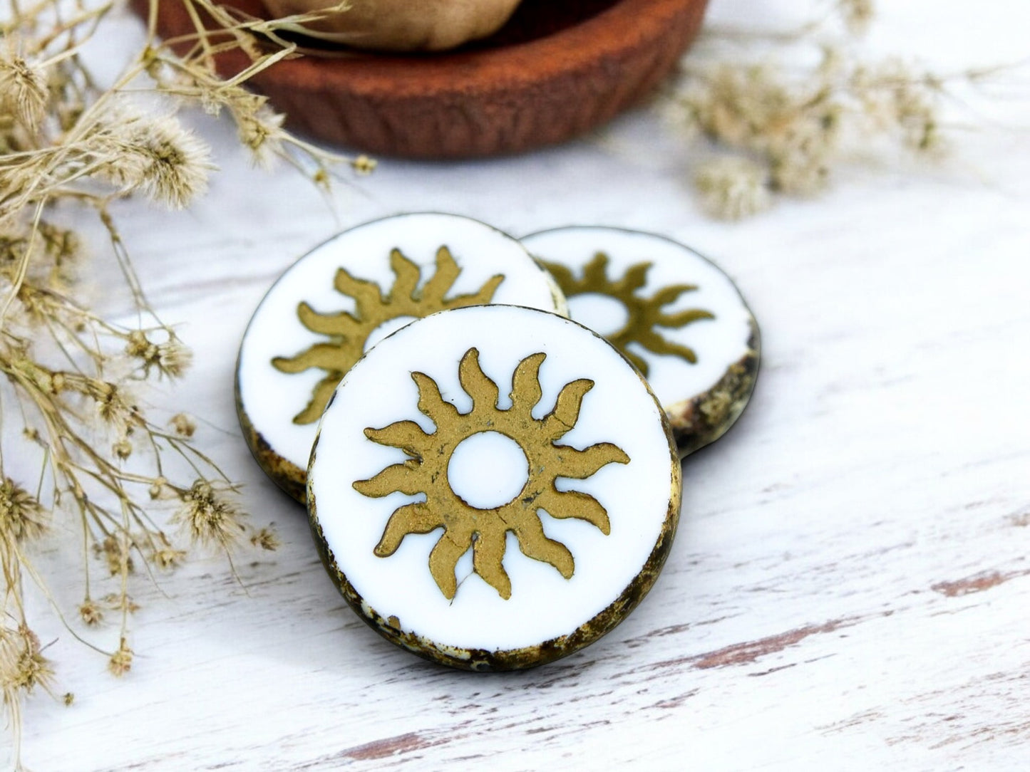 *2* 21mm Bronze Washed White Picasso Table Cut Sun Design Coin Beads