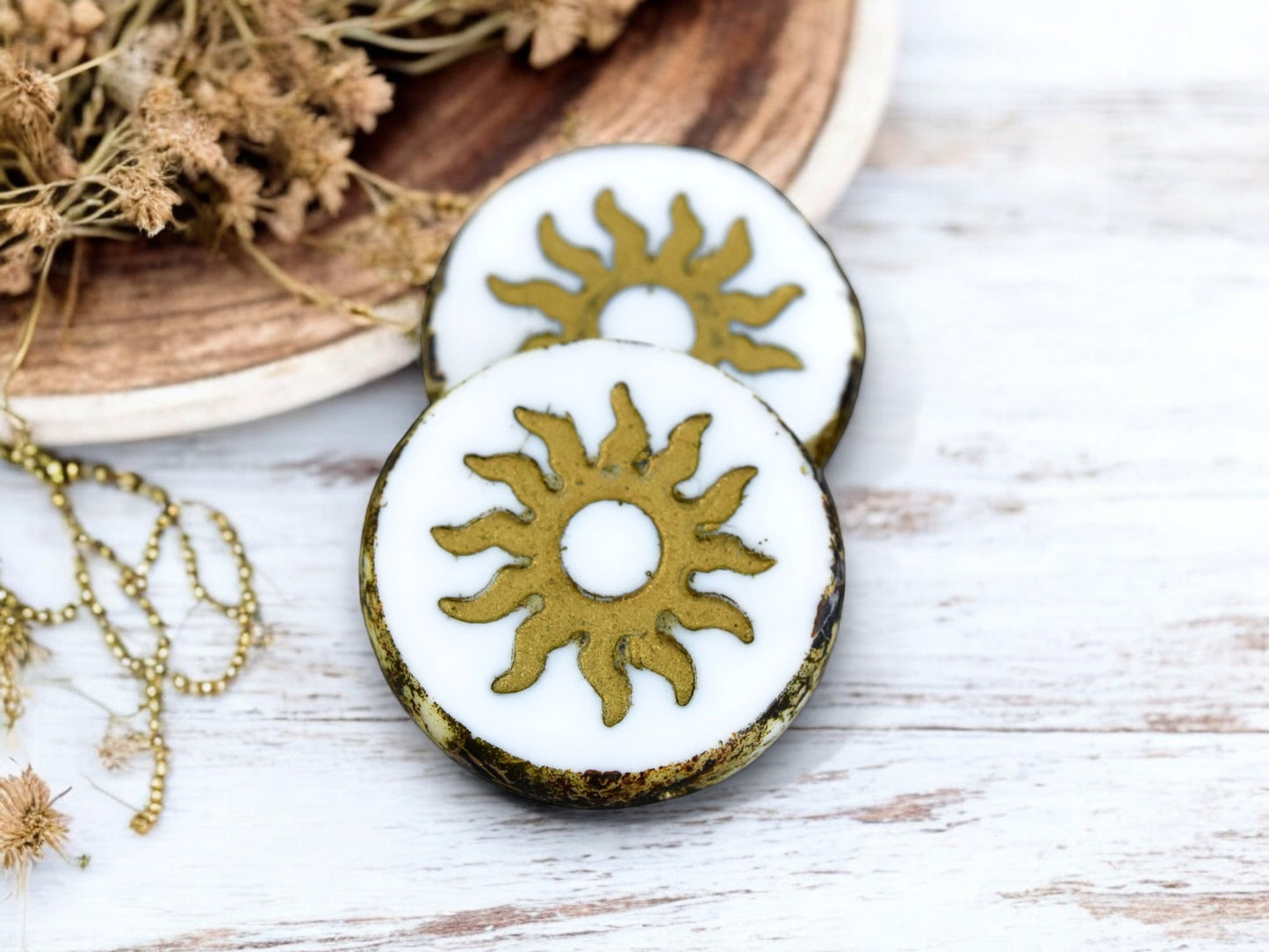 *2* 21mm Bronze Washed White Picasso Table Cut Sun Design Coin Beads