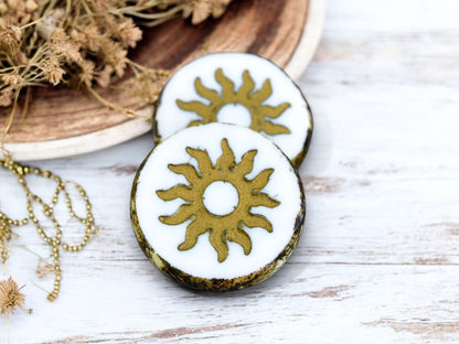 *2* 21mm Bronze Washed White Picasso Table Cut Sun Design Coin Beads