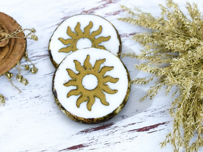 *2* 21mm Bronze Washed White Picasso Table Cut Sun Design Coin Beads