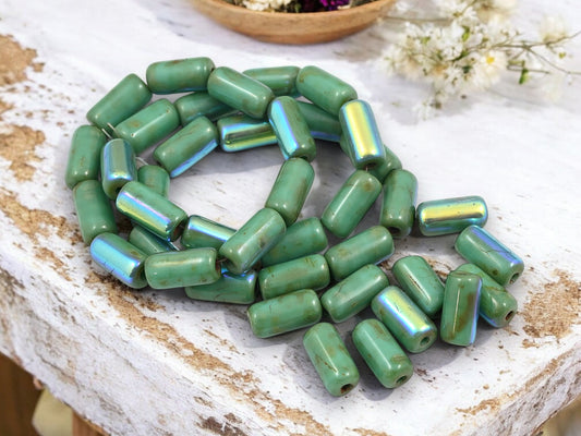 *10* 14x7mm Green Turquoise AB Large Hole Tube Beads
