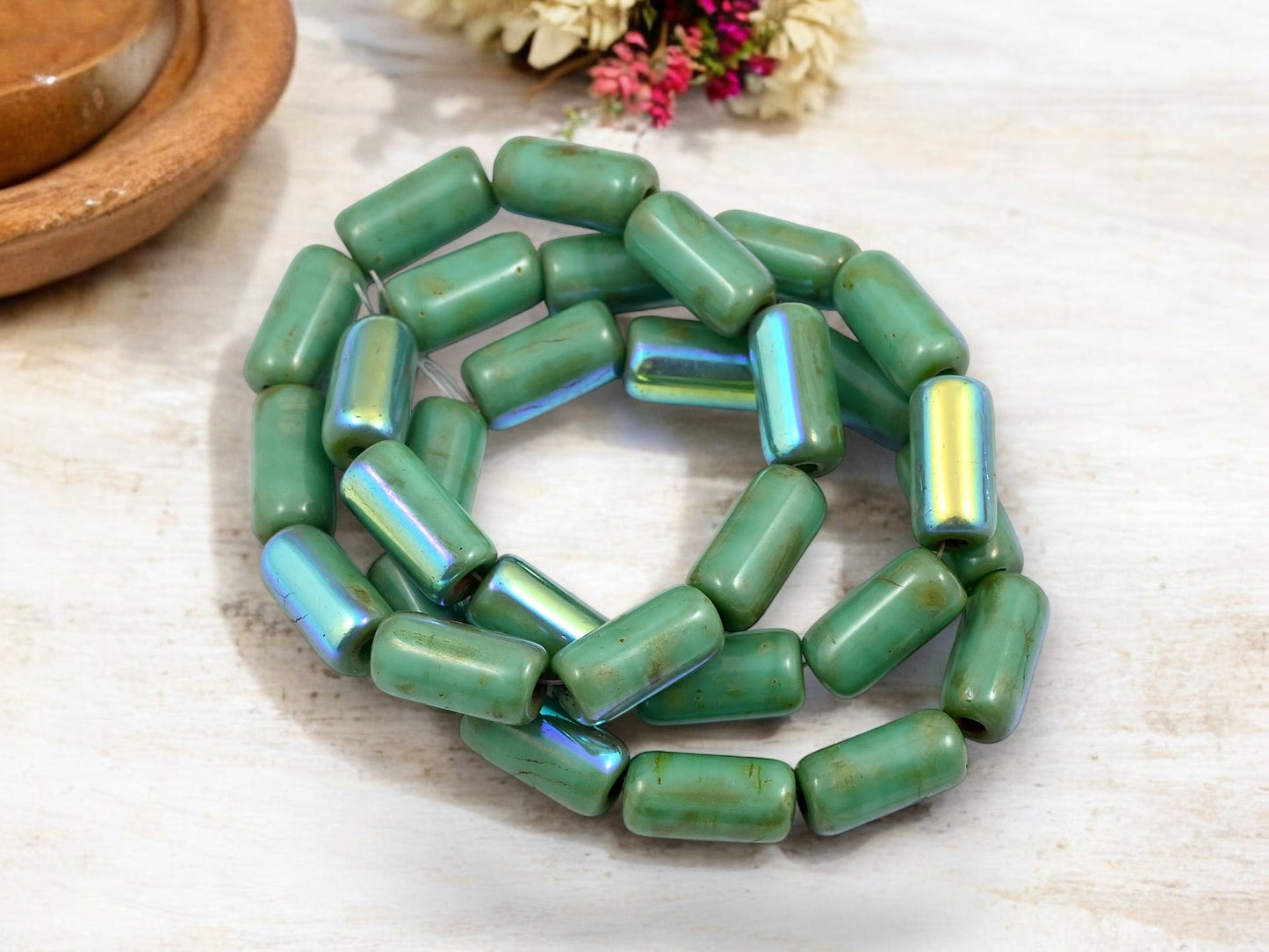 *10* 14x7mm Green Turquoise AB Large Hole Tube Beads