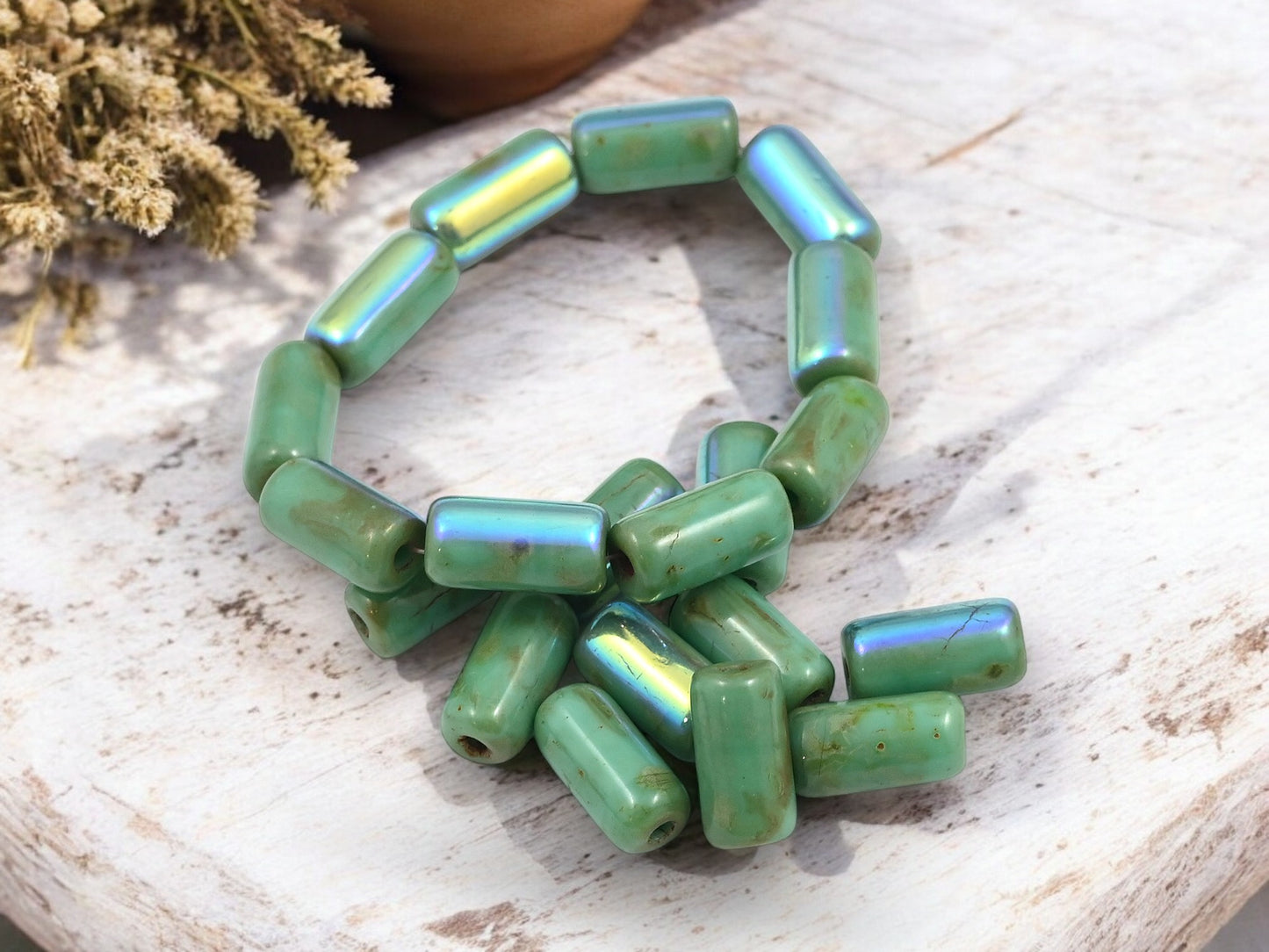 *10* 14x7mm Green Turquoise AB Large Hole Tube Beads