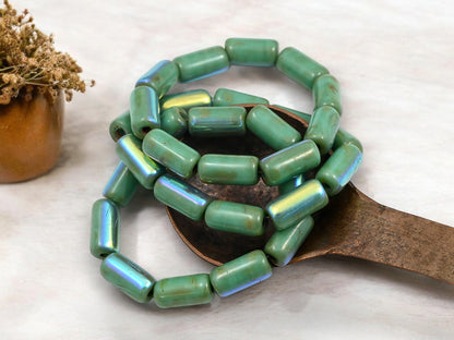 *10* 14x7mm Green Turquoise AB Large Hole Tube Beads