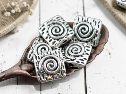 *50* 10mm Antique Silver Spiral Design Beveled Square Beads