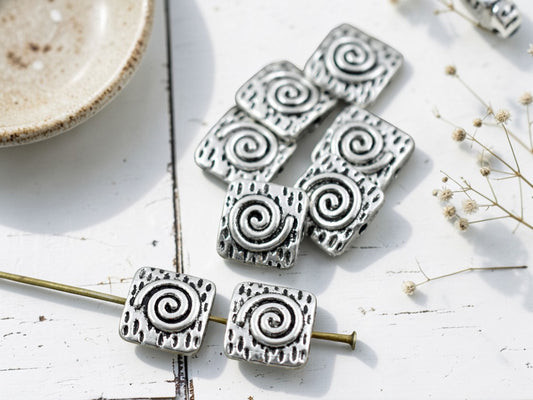 *50* 10mm Antique Silver Spiral Design Beveled Square Beads