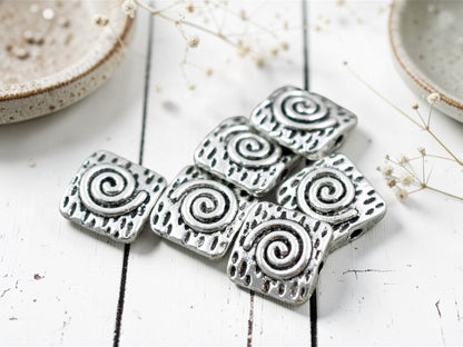 *50* 10mm Antique Silver Spiral Design Beveled Square Beads