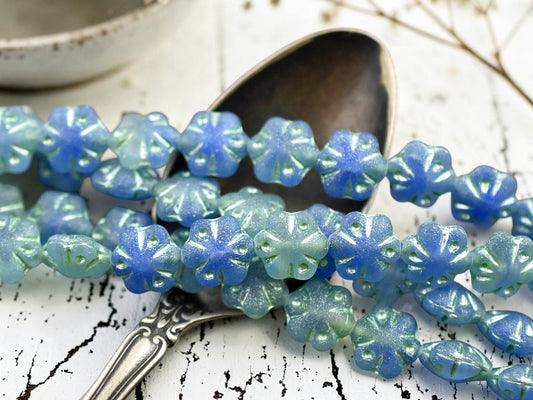 *10* 11mm Mint Washed Matte Semi-Transparent Blue Seafoam Scalloped Flower Beads