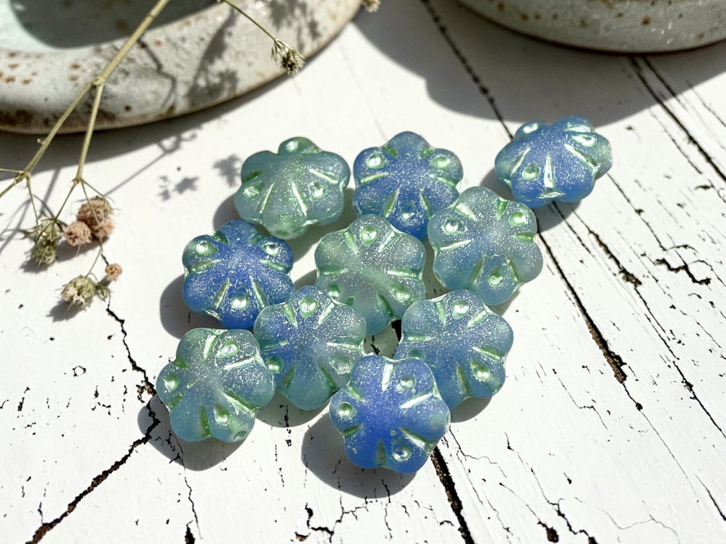 *10* 11mm Mint Washed Matte Semi-Transparent Blue Seafoam Scalloped Flower Beads