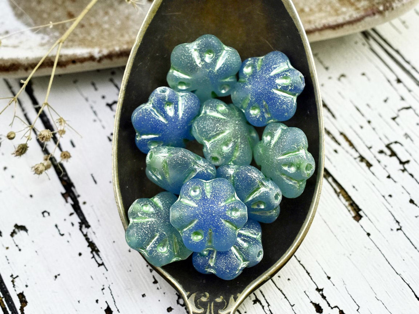 *10* 11mm Mint Washed Matte Semi-Transparent Blue Seafoam Scalloped Flower Beads