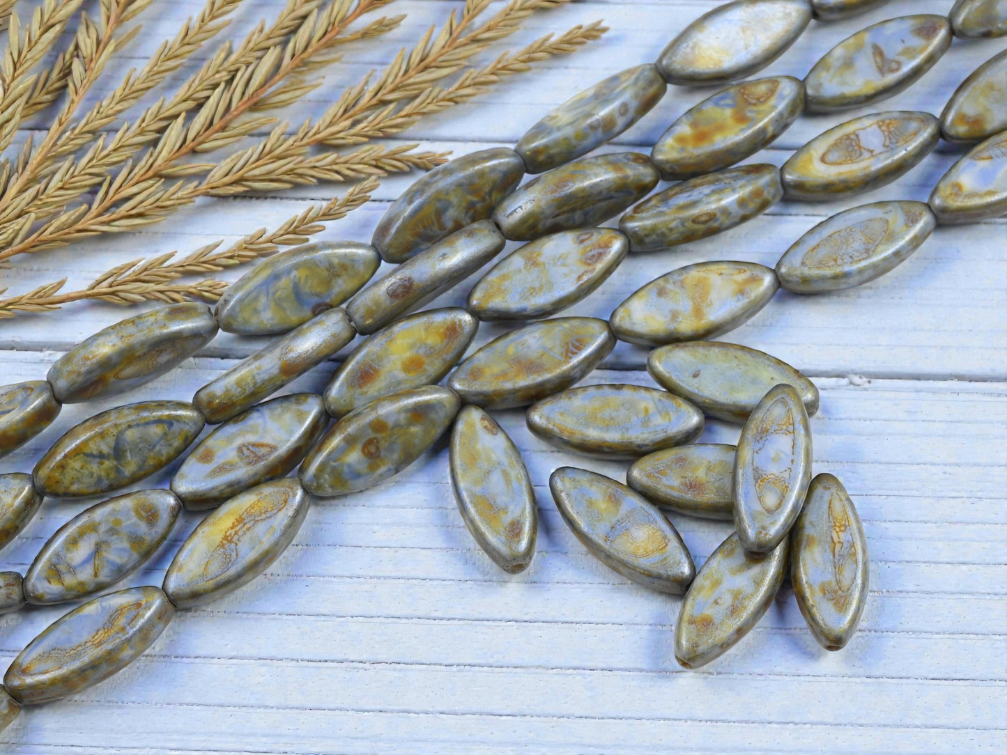 *8* 18x7mm Alabaster Blue Sage Picasso Spindle Beads