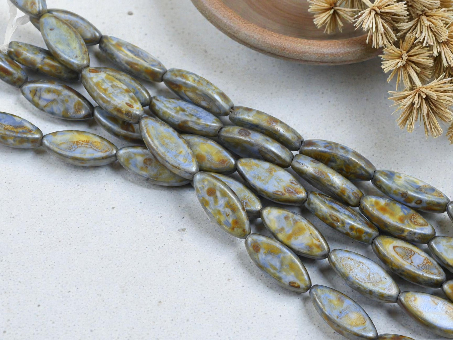 *8* 18x7mm Alabaster Blue Sage Picasso Spindle Beads