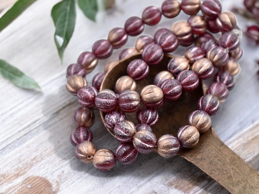 *20* 8mm Metallic Pink & Copper Washed Etched Cranberry Round Melon Beads