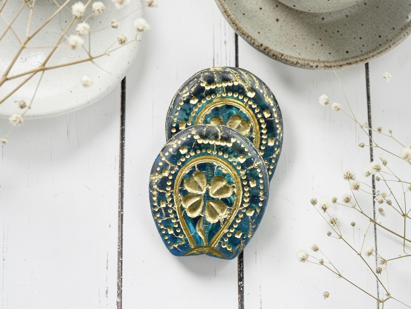 6* 21x18mm Bronze Washed Blue Aqua Lucky Horseshoe Beads