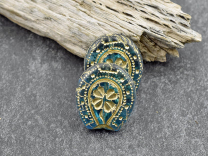 21x18mm Bronze Washed Blue Aqua Lucky Horseshoe Beads