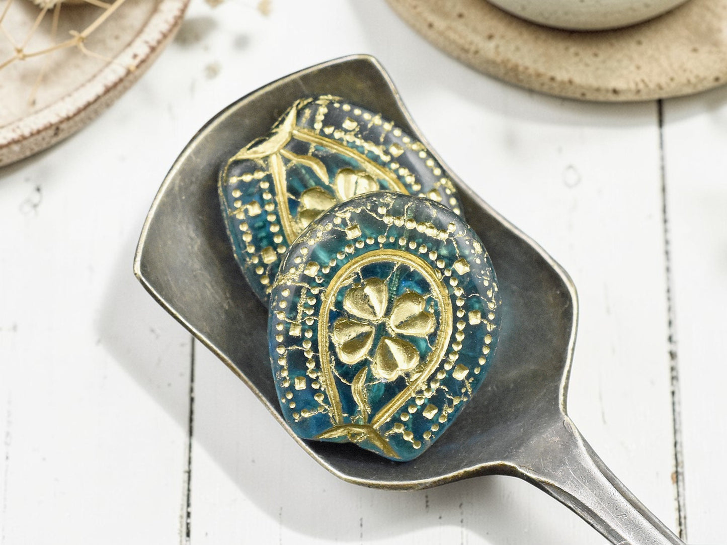 6* 21x18mm Bronze Washed Blue Aqua Lucky Horseshoe Beads