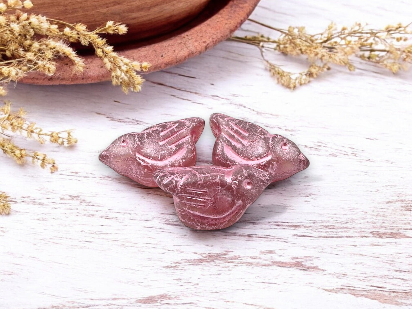 *6* 11x22mm Metallic Pink Washed Rosewood Pink Bird Beads
