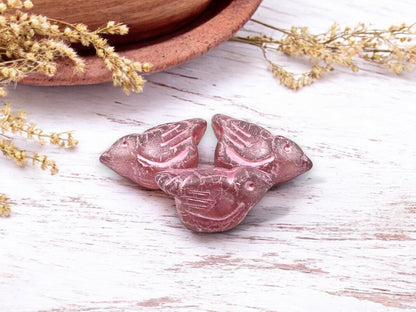 *6* 11x22mm Metallic Pink Washed Rosewood Pink Bird Beads