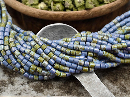 6/0 Aged Blue Turquoise Picasso Bugle Beads (20" Strand)