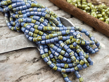 6/0 Aged Blue Turquoise Picasso Bugle Beads (20" Strand)