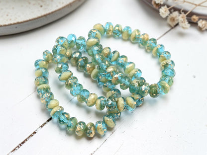 *25* 5x7mm Antique Gold Washed Blended Aqua Ivory Fire Polished Rondelle Beads