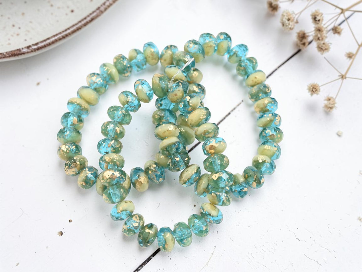 *25* 5x7mm Antique Gold Washed Blended Aqua Ivory Fire Polished Rondelle Beads