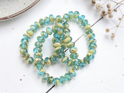 *25* 5x7mm Antique Gold Washed Blended Aqua Ivory Fire Polished Rondelle Beads