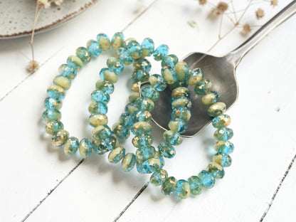 *25* 5x7mm Antique Gold Washed Blended Aqua Ivory Fire Polished Rondelle Beads